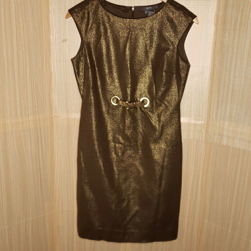 Per Se Wool Blend Metallic Gold Sheath Dress
